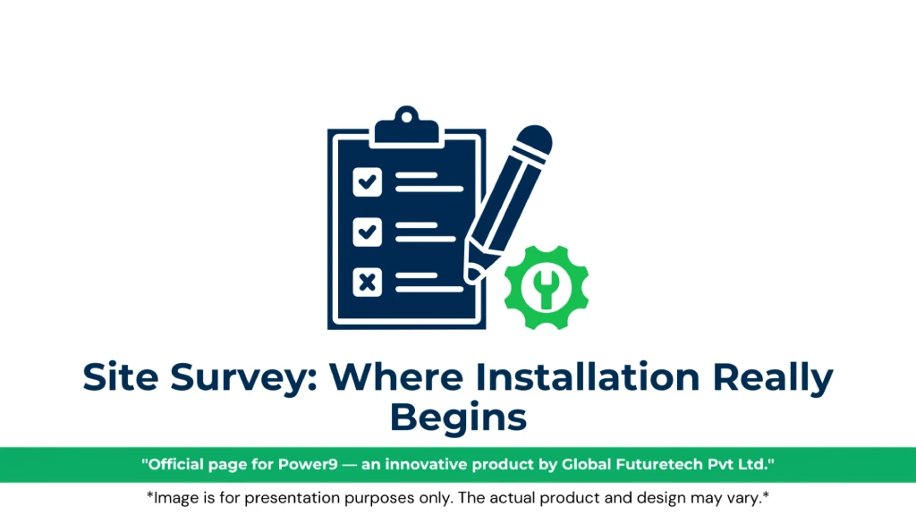 Graphic titled "Site Survey: Where Installation Really Begins" featuring a clipboard checklist, pencil, and a green gear icon with a wrench. 