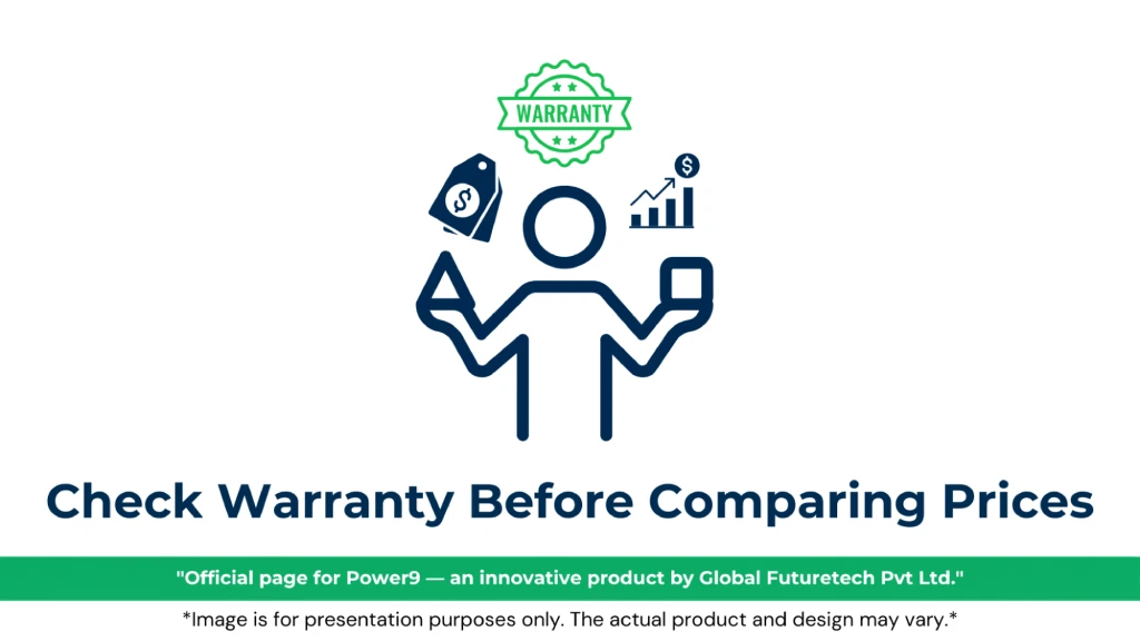 Graphic titled "Check Warranty Before Comparing Prices" featuring a figure balancing product shapes, price tags, growth charts, and a green warranty badge. 