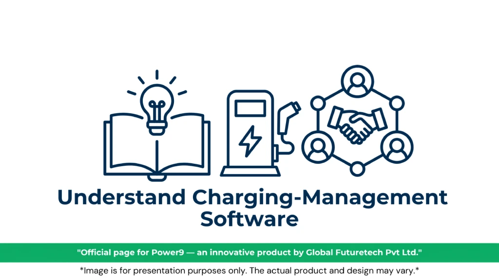 Graphic titled "Understand Charging-Management Software" featuring line-art icons of an open book with a glowing lightbulb, an EV charger station, and a network of connected user nodes encircling a handshake. 