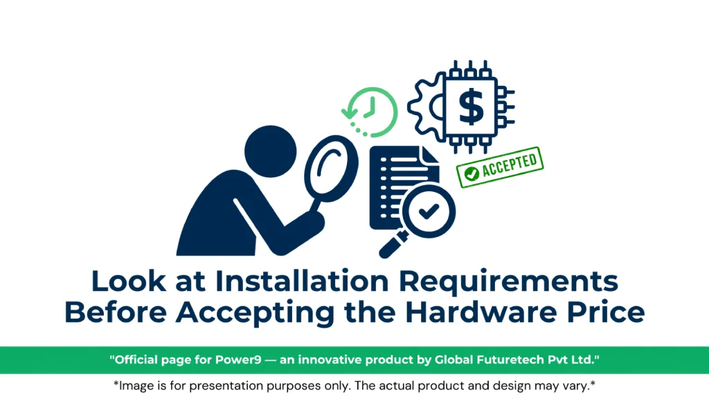Graphic titled "Look at Installation Requirements Before Accepting the Hardware Price" featuring an inspector silhouette with a magnifying glass, verified checklist, green ACCEPTED stamp, and microchip dollar icon. 