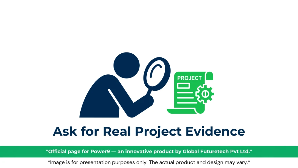 Graphic titled "Ask for Real Project Evidence" featuring a silhouette inspecting a green project document with a gear icon using a magnifying glass. 