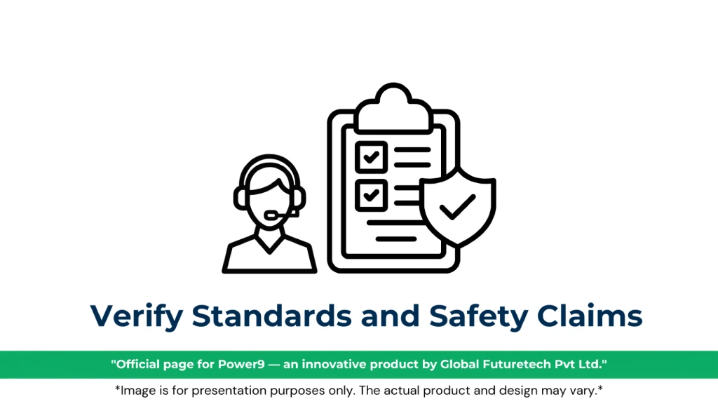 Graphic titled "Verify Standards and Safety Claims" featuring a customer support representative icon next to a checklist with a checkmark shield. 