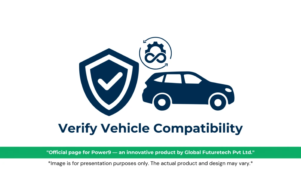 Graphic titled "Verify Vehicle Compatibility" featuring a checkmark security shield, an electric vehicle silhouette, and a gear with an infinity loop icon.