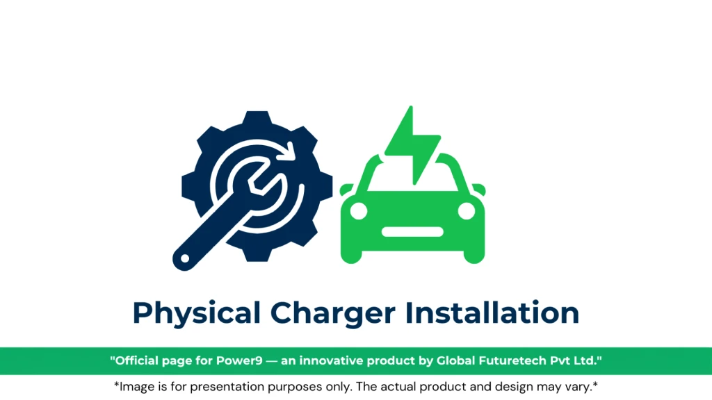 Graphic titled "Physical Charger Installation" featuring a dark blue wrench and gear icon next to a green electric car icon with a lightning bolt. 