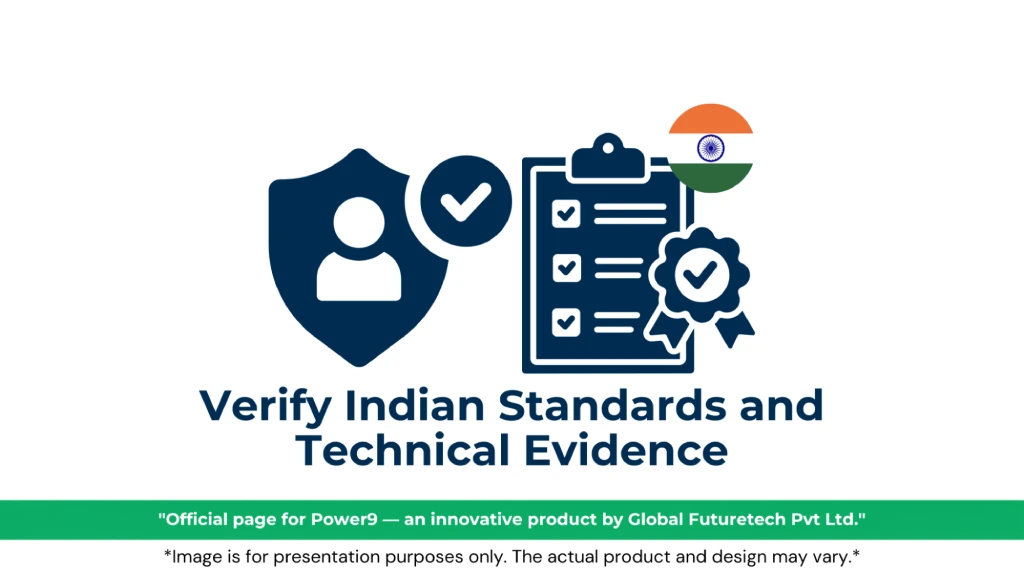 Graphic titled "Verify Indian Standards and Technical Evidence" featuring a shield with a user profile, a checked compliance clipboard with a seal, and the Indian national flag badge.<br />

