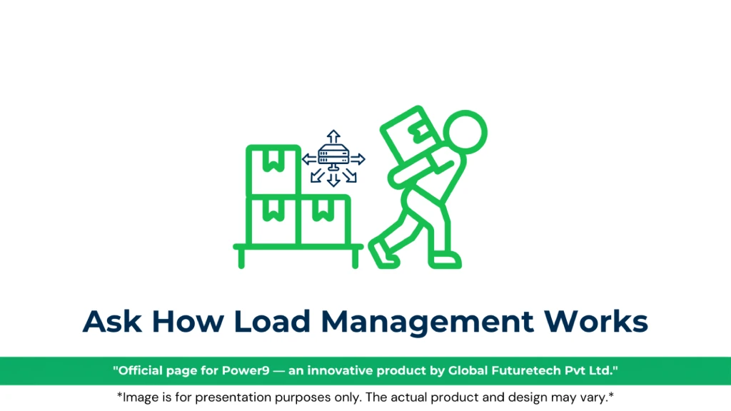 Graphic titled "Ask How Load Management Works" featuring a line-art figure carrying a package toward a stacked set of boxes near a server distribution icon. 
