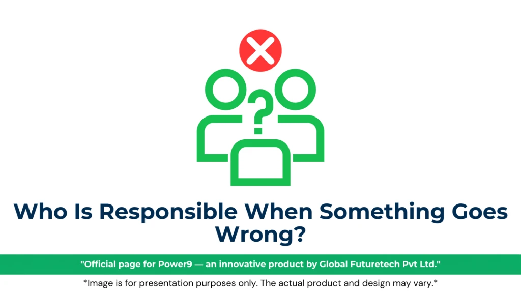 Graphic titled "Who Is Responsible When Something Goes Wrong?" featuring green line-art human silhouettes with a green question mark and a red cross badge above them. 