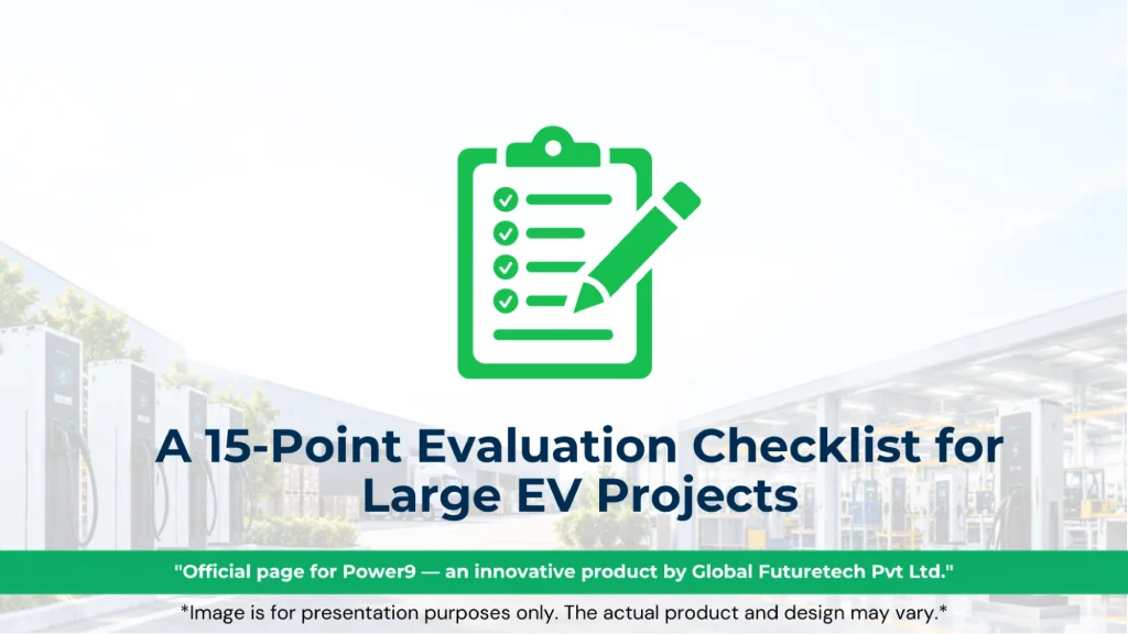 Graphic titled "A 15-Point Evaluation Checklist for Large EV Projects" featuring a green clipboard icon with checkmarks and a pencil.