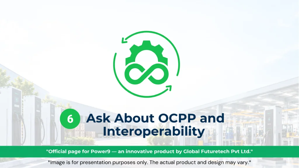 Graphic titled "6 Ask About OCPP and Interoperability" featuring a green icon of a gear and infinity symbol insie circular arrows.<br />
