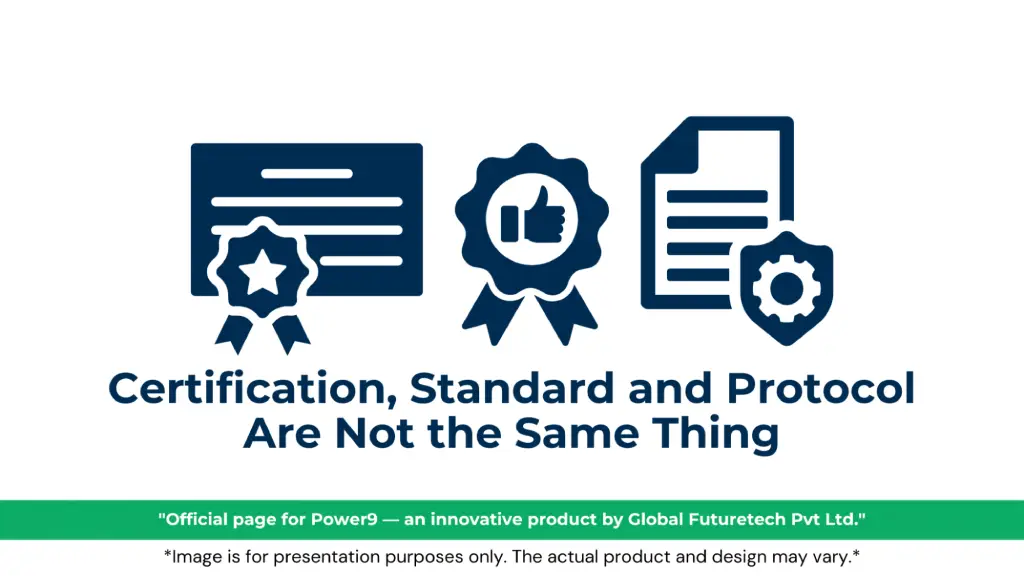 Graphic titled "Certification, Standard and Protocol Are Not the Same Thing" featuring dark blue line-art icons of a certified document, a thumbs-up quality badge, and a secured compliance sheet. 