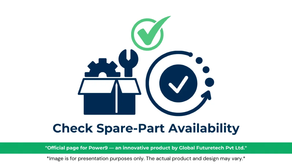 Graphic titled "Check Spare-Part Availability" featuring an open box filled with gear and wrench tools beside a circular verified badge and a green checkmark overhead. 