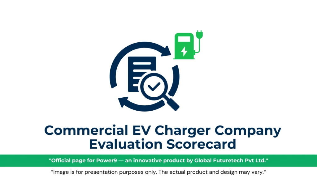 Graphic titled "Commercial EV Charger Company Evaluation Scorecard" featuring a document with a magnifying glass inside a circular arrow loop next to a green charging station icon. 