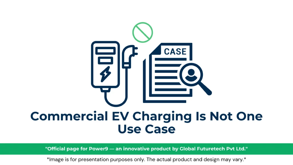 Graphic titled "Commercial EV Charging Is Not One Use Case" featuring line-art of an EV charger unit, a green prohibition symbol, and a case file document inspected with a magnifying glass. 