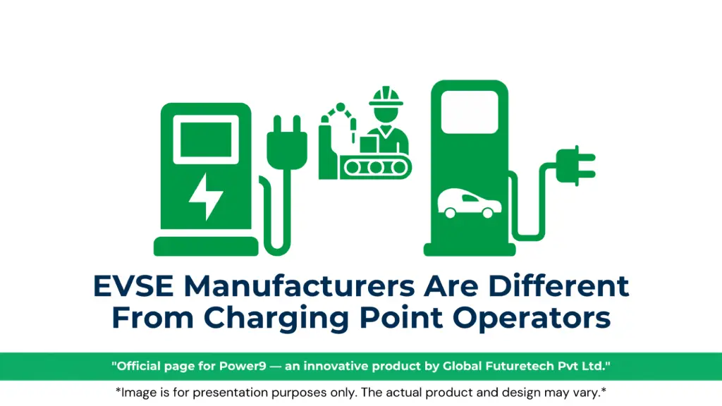 Graphic titled "EVSE Manufacturers Are Different From Charging Point Operators" featuring green line-art icons of an EV charger hardware manufacturer, an automated assembly line worker, and an operational charging station. 
