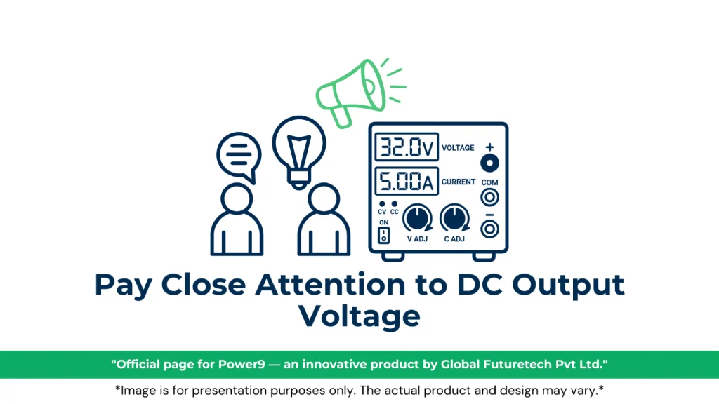 Graphic titled "Pay Close Attention to DC Output Voltage" featuring line-art people talking near an idea bulb, green megaphone, and a digital DC power supply unit. 