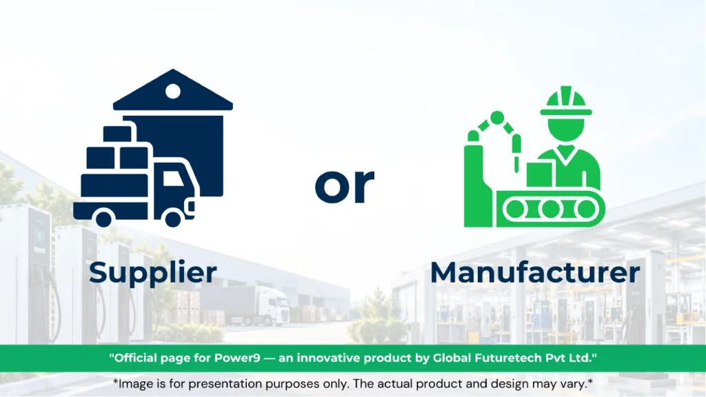 Graphic comparing a Supplier icon with a delivery truck to a Manufacturer icon with a factory worker, over an EV charging station background. 