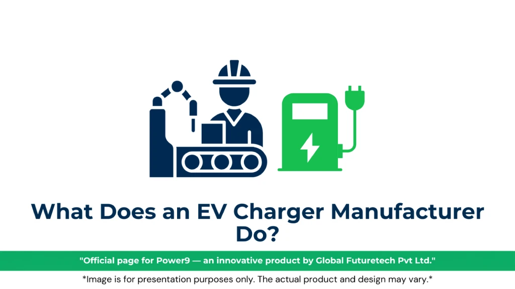 Graphic titled "What Does an EV Charger Manufacturer Do?" featuring factory assembly icons and a green EV charging unit.