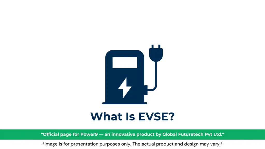 Graphic titled "What Is EVSE?" featuring an electric vehicle charging station icon with a lightning bolt and power plug, set against a white background with green brand footers. 