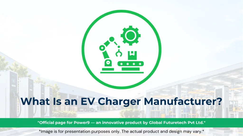 Graphic titled "What Is an EV Charger Manufacturer?" featuring a green circular icon of a robotic arm, conveyor belt, and gear. 