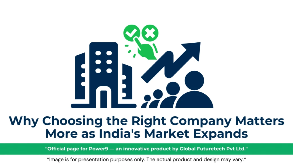 Graphic titled "Why Choosing the Right Company Matters More as India's Market Expands" featuring corporate building icons, an ascending growth arrow, and green decision indicators.