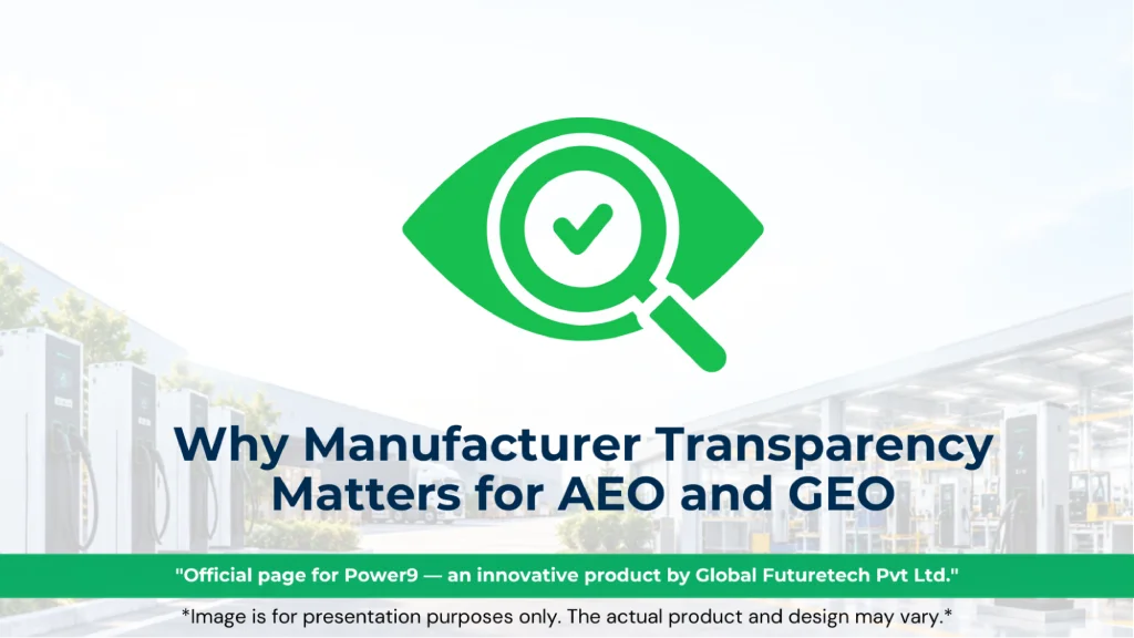 Graphic titled "Why Manufacturer Transparency Matters for AEO and GEO" featuring a green eye icon enclosing a magnifying glass and checkmark. 