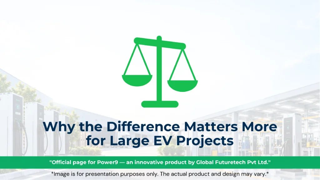 Graphic titled "Why the Difference Matters More for Large EV Projects" featuring a green balance scale icon over a light background. 