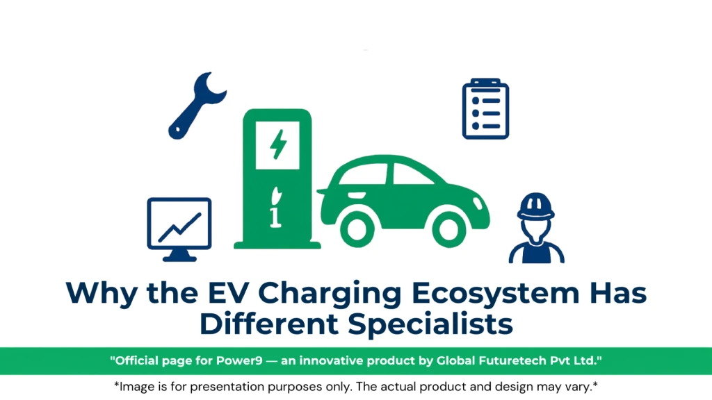 Graphic titled "Why the EV Charging Ecosystem Has Different Specialists" featuring icons for a wrench, analytics monitor, charging station, electric car, checklist, and technician. 