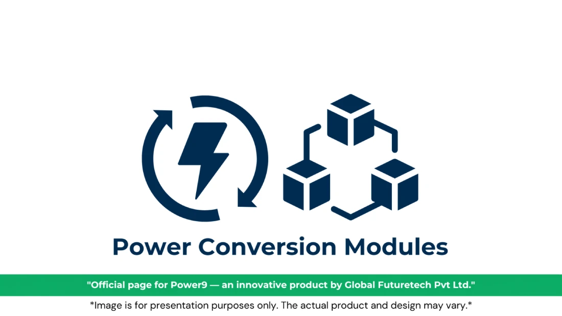 Vector graphic titled "Power Conversion Modules" featuring icons of a lightning bolt inside circular refresh arrows next to modular interconnected blocks. 