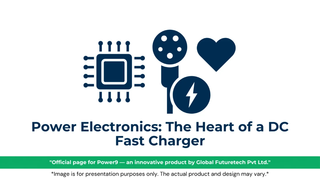 Vector graphic titled "Power Electronics: The Heart of a DC Fast Charger" featuring microchip, EV charging connector plug, heart, and high-voltage icons. 