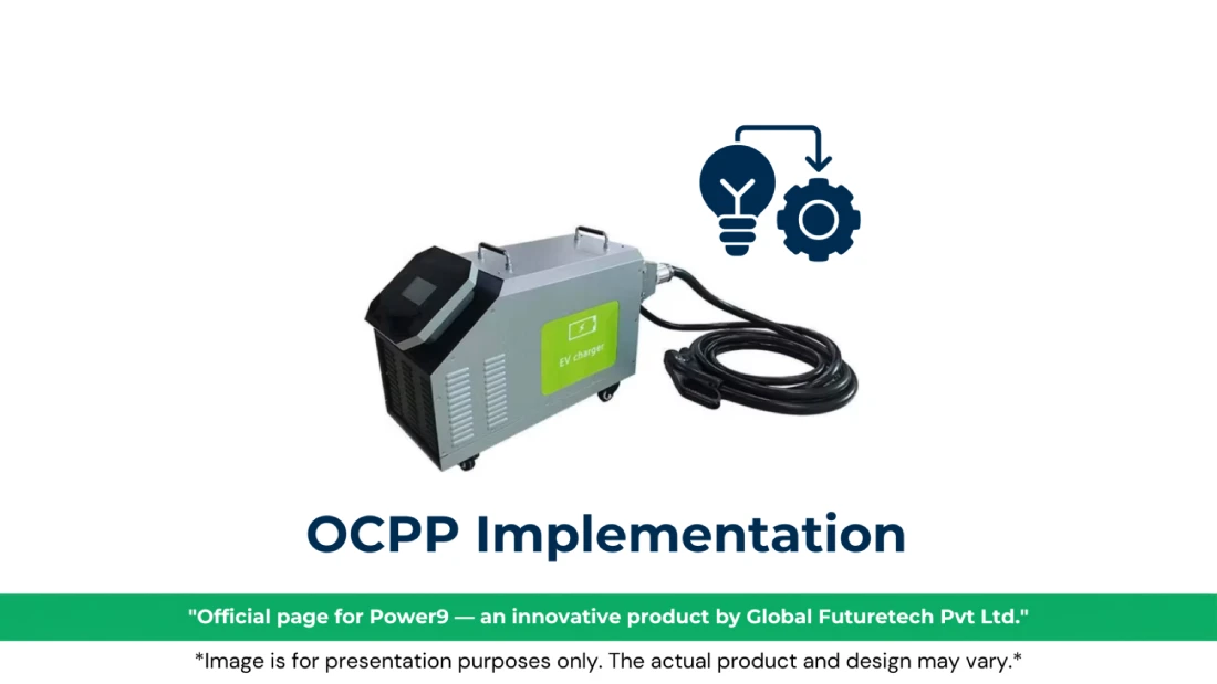 Educational graphic titled "OCPP Implementation" showing a portable industrial EV charger unit paired with process innovation icons. 