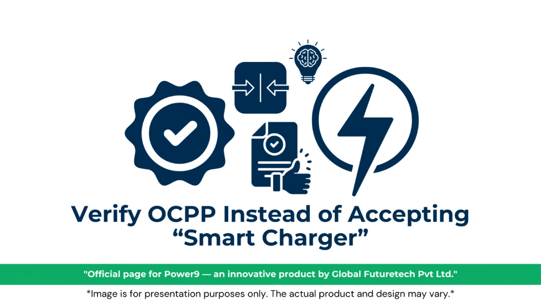 Vector graphic titled "Verify OCPP Instead of Accepting “Smart Charger”" featuring a quality seal badge, system integration arrows, a brain light bulb, verified compliance document with a thumbs-up, and a high-voltage lightning bolt symbol. 