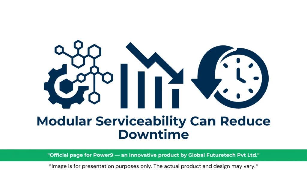 Graphic titled "Firmware Becomes Infrastructure" by Power9 by Global Futuretech Pvt Ltd, featuring line-art icons of a microchip processor, upward-pointing arrows, and city buildings resting on a gear. 