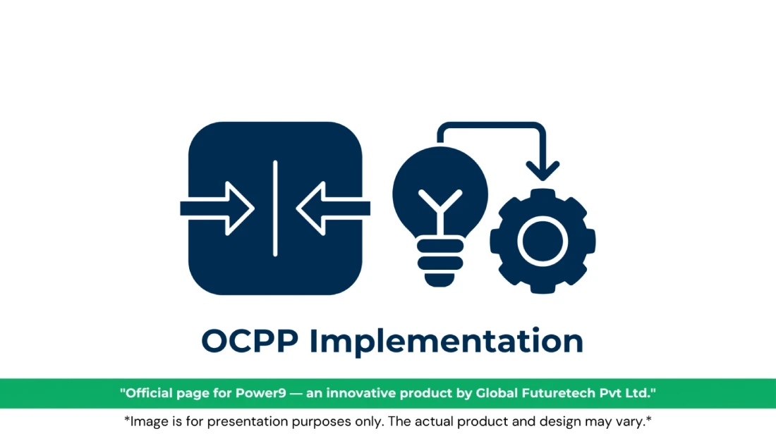 Vector graphic titled "OCPP Implementation" featuring two converging arrows on a central line alongside a light bulb pointing to a gear icon. 