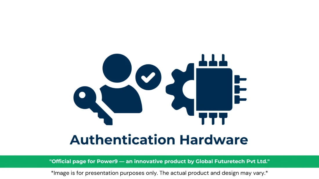 Vector graphic titled "Authentication Hardware" featuring user profile, key, and checkmark icons beside a microchip integrated with a gear. 