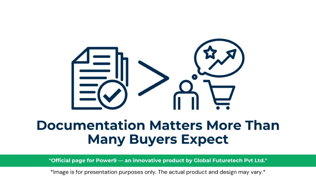Graphic titled "Documentation Matters More Than Many Buyers Expect" by Power9 by Global Futuretech Pvt Ltd, featuring line-art icons of checked document pages, a greater-than mathematical symbol, and a buyer with a shopping cart imagining success stars and growth arrows. 