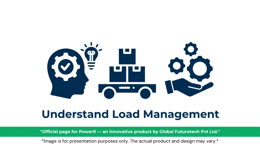 Vector graphic titled "Understand Load Management" featuring a profile head with a checkmark gear and glowing light bulb, stacked boxes on a cart platform, and an open hand supporting three gears. 