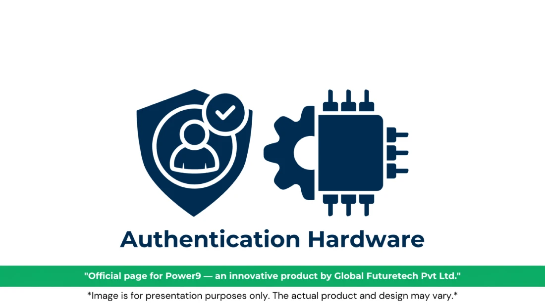 Vector graphic titled "Authentication Hardware" featuring a user silhouette inside a security shield badge next to a microchip combined with a gear icon. 