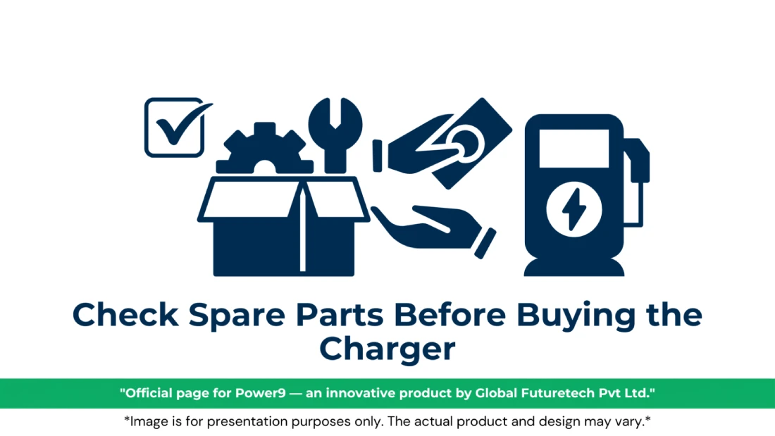 Vector graphic titled "Check Spare Parts Before Buying the Charger" featuring a checkmark box, an open parts box with a gear and wrench, hands exchanging components, and a commercial EV charging station. 