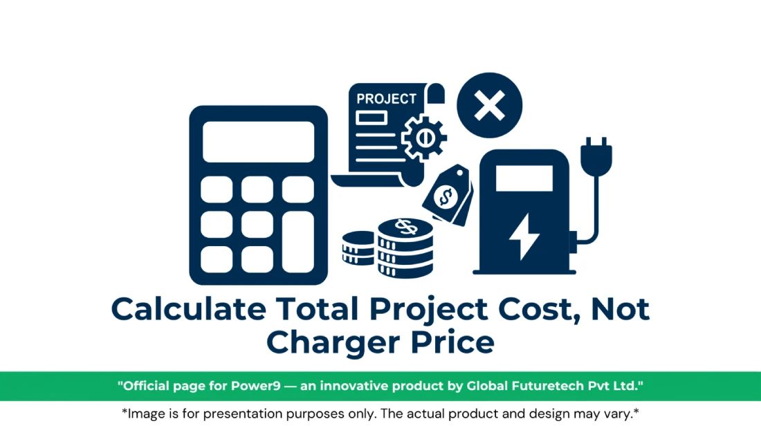 Vector graphic titled "Calculate Total Project Cost, Not Charger Price" featuring a calculator, a project document with a gear, stacks of coins with dollar signs, a price tag, a circle with an "X", and an EV charging station