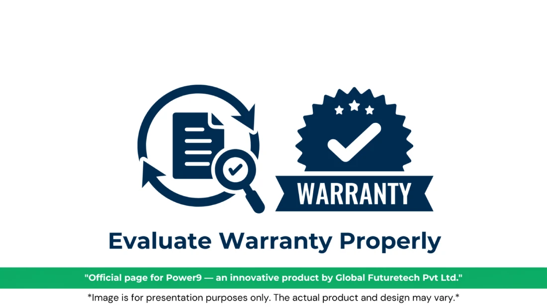 Vector graphic titled "Evaluate Warranty Properly" featuring a document with a checkmark magnifying glass surrounded by circular refresh arrows alongside a checkmark warranty badge. 