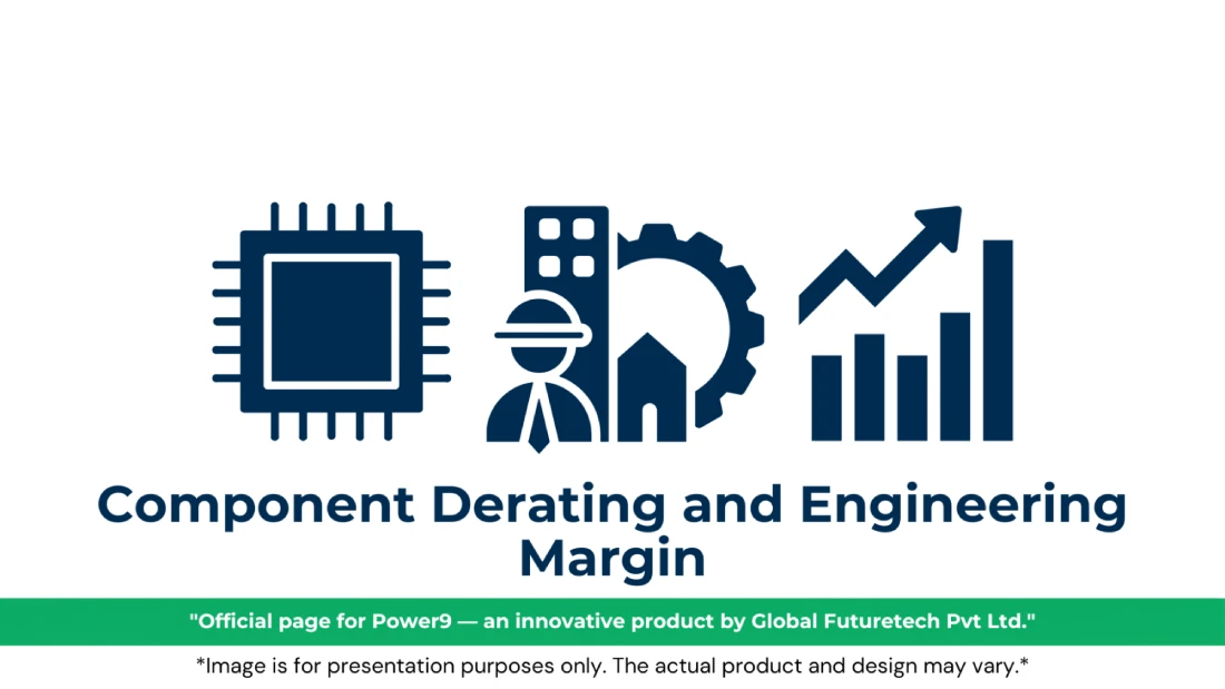 Vector graphic titled "Component Derating and Engineering Margin" featuring microchip, industrial engineer, and rising growth bar chart icons. 