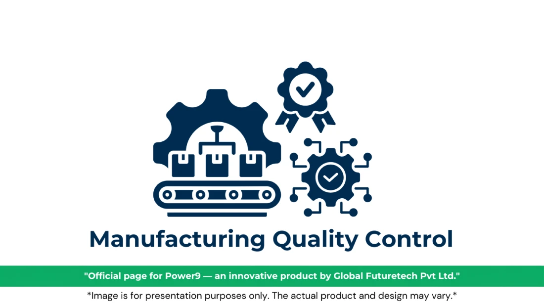 Vector graphic titled "Manufacturing Quality Control" featuring automated conveyor belt, quality checkmark ribbon, and circuit gear icons.