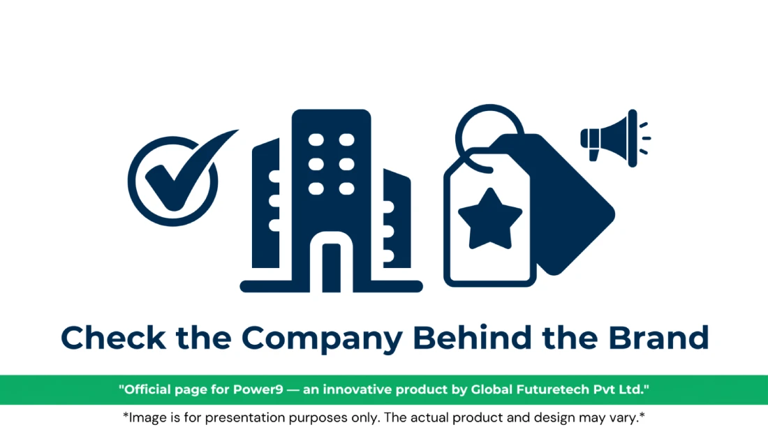 Vector graphic titled "Check the Company Behind the Brand" featuring a checkmark verification circle, corporate office buildings, star-branded price tags, and a megaphone icon. 
