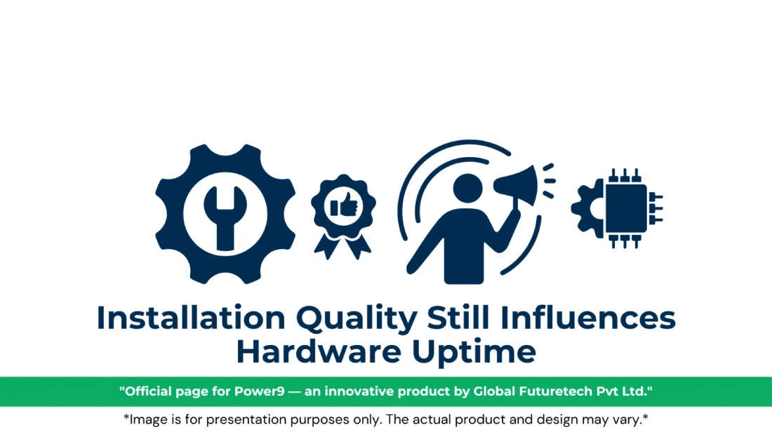 Vector graphic titled "Installation Quality Still Influences Hardware Uptime" featuring wrench in a gear, thumbs-up quality ribbon, megaphone broadcasting, and microchip gear icons. 