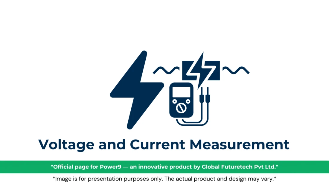 Vector graphic titled "Voltage and Current Measurement" featuring icons of a large lightning bolt, sine waves, and a digital multimeter testing electrical current. 