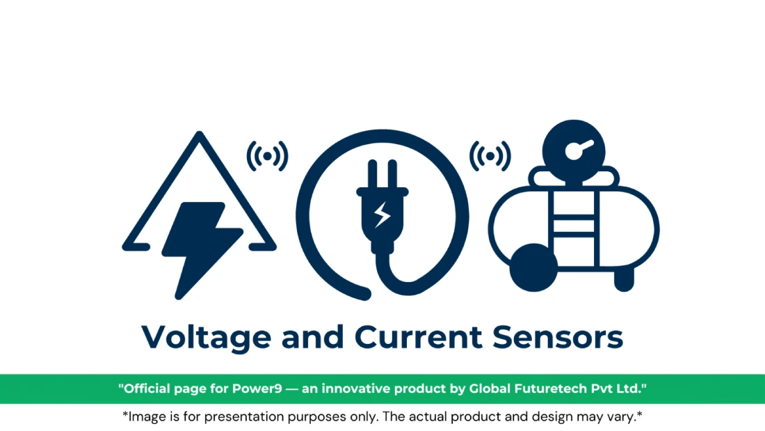 Vector graphic titled "Voltage and Current Sensors" featuring high-voltage triangle warning, electric plug, sensor signal, and pressure gauge tank icons. 