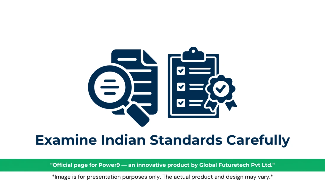 Vector graphic titled "Examine Indian Standards Carefully" featuring a magnifying glass inspecting a document alongside a compliance clipboard with checkmarks and a ribbon seal. 