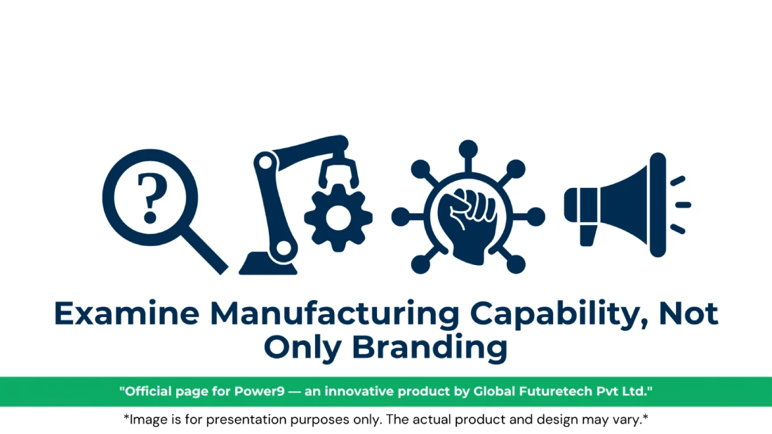 Vector graphic titled "Examine Manufacturing Capability, Not Only Branding" featuring a magnifying glass with a question mark, a robotic arm assembling a gear, a raised fist within a network node circle, and a megaphone. 