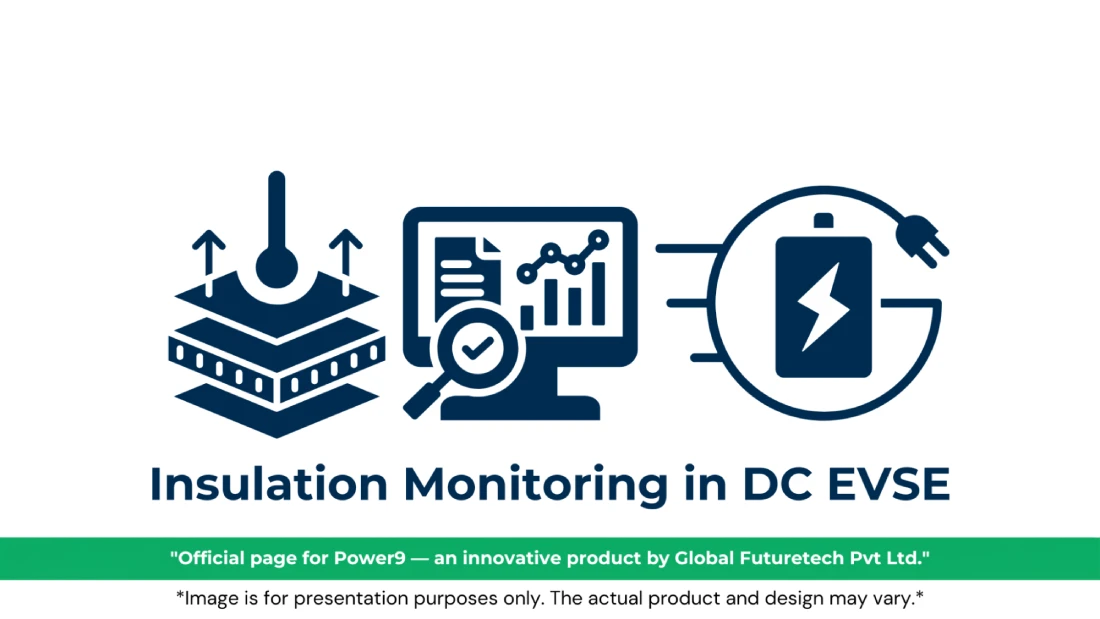 Vector graphic titled "Insulation Monitoring in DC EVSE" featuring insulation layers with thermal probes, an analytics monitor with a magnifying glass, and an EV battery charging symbol. 