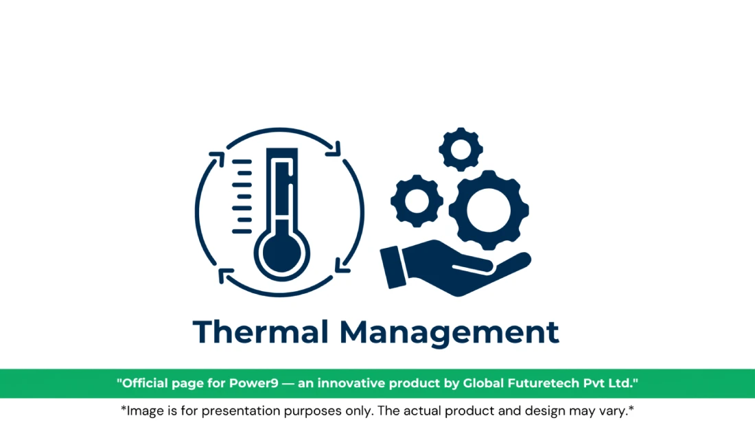 Vector graphic titled "Thermal Management" featuring a thermometer enclosed by circular arrows alongside an open hand holding rotating gears. 